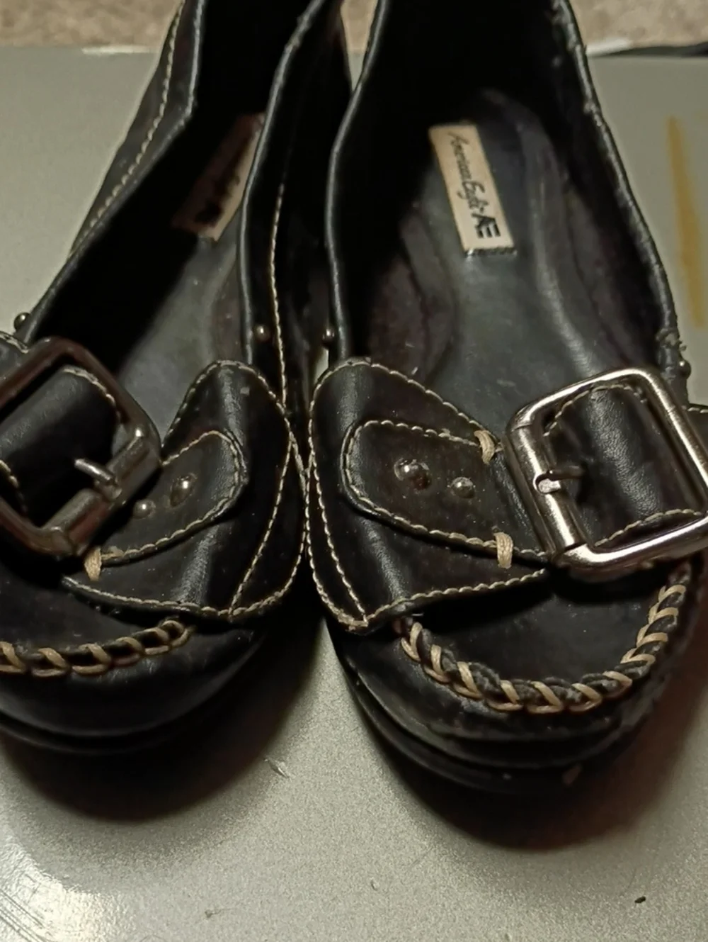 American Eagle By Payless Black Loafers with Silver Buckle